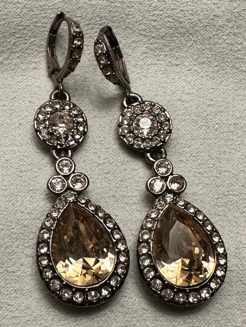 Givenchy Brown Gold Tone Silk Crystal Double Drop Pear Shaped Teardrop Earrings